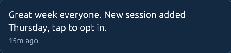 A posted update: great week everyone, new session added Thursday