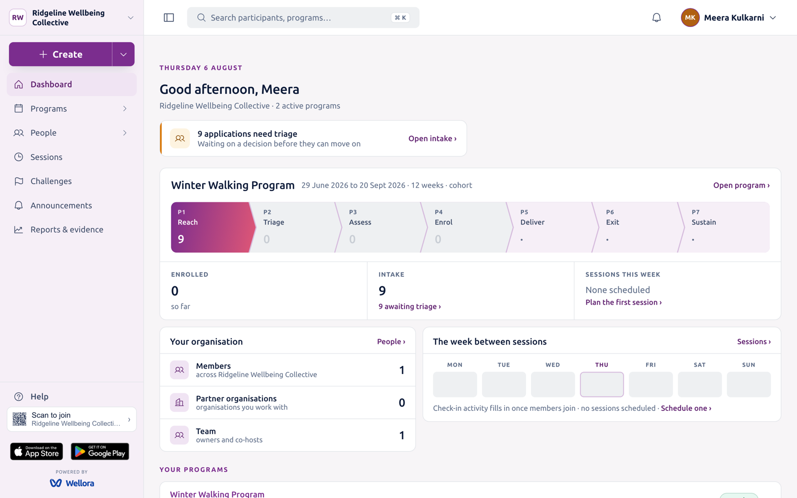 The Wellora Console dashboard: a program with its intake funnel, applications waiting for triage, and the week between sessions